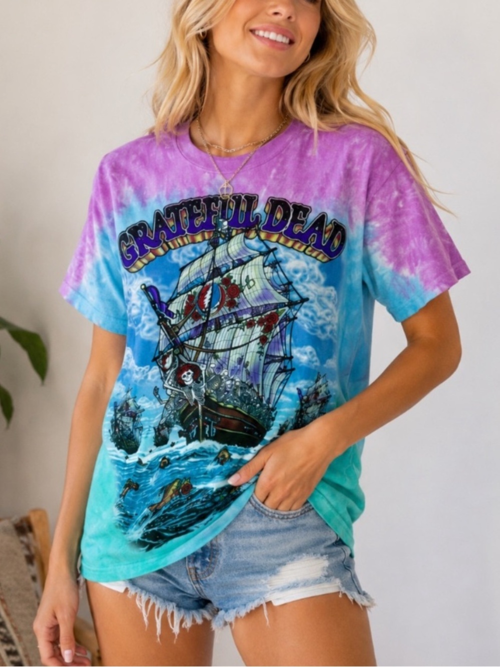 Grateful Dead Liquid Blue Tie Dye Ship Graphic Tee Medium 54675